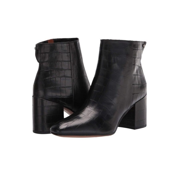 Franco Sarto Tina 2 Booties Black Leather Croc Embossed Block Heel Zip 8.5 - Picture 1 of 4